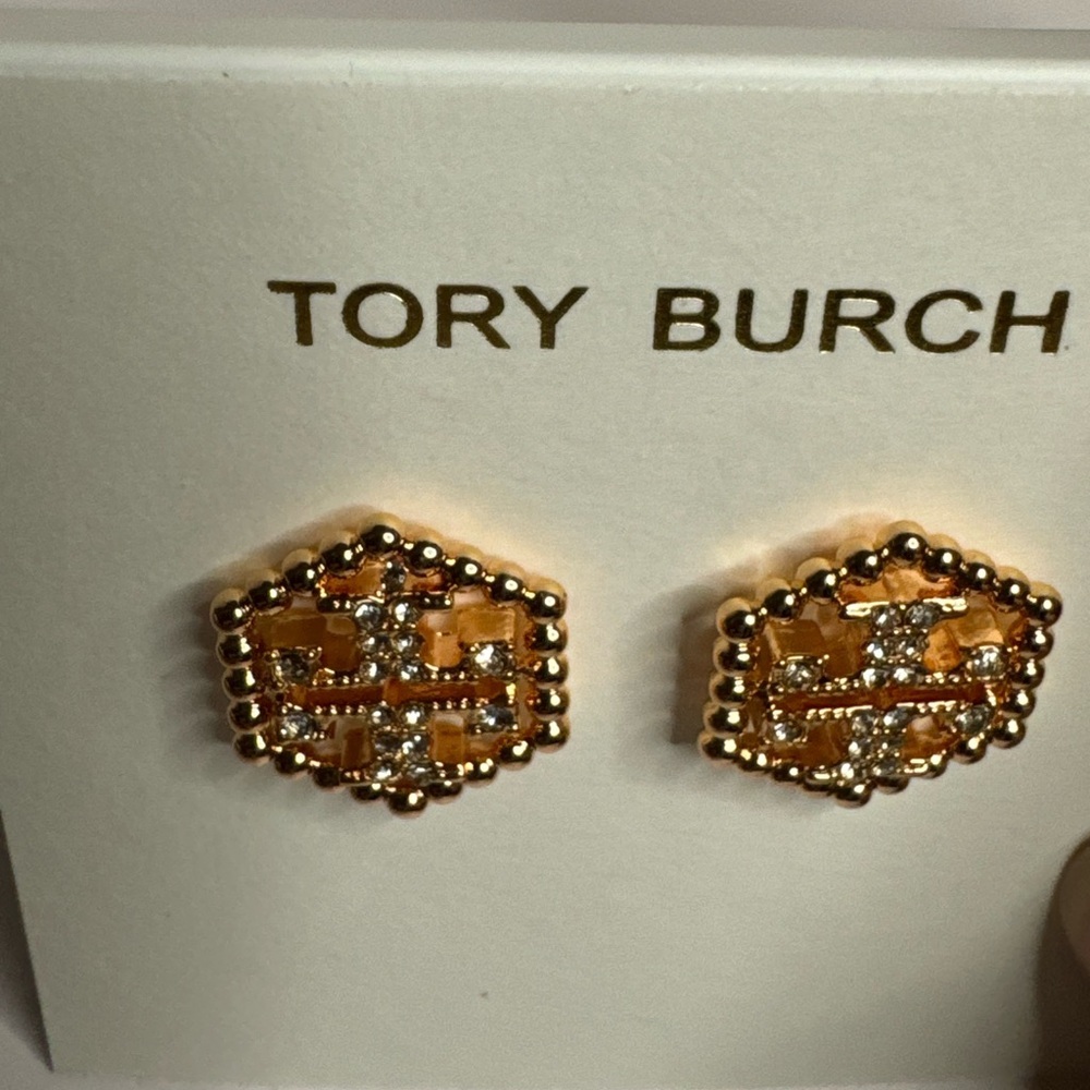 Tory Burch New Hex Pavé Rose Gold Stud Earrings in rose gold-tone brass - Picture 5 of 8